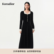 珂萊蒂爾2026年春新法式復古優(yōu)雅絲絨小黑裙蕾絲邊中長(cháng)款連衣裙 黑色 L