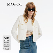 MO&Co.春秋含羊毛馬海毛小香風(fēng)墊肩短款針織衫開(kāi)衫摩安珂 米白色 XS 155