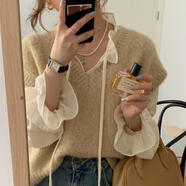 萊帛妮雅法式蕾絲打底衫女秋冬新款毛衣針織馬甲內搭長(cháng)袖雪紡襯衫兩件式套 奶杏色[馬甲] XL