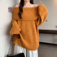 南瓜色一字肩針織衫毛衣女2025早秋新款大碼胖mm中長(cháng)款馬海毛上衣 黃色毛衣今年流行爆款/冬季/巨好看/奶fufu/獨特漂亮/ M 100斤以?xún)惹锛?秋裝/早秋/秋冬/春秋/初秋/冬季/2025
