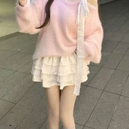 Ady Glenna針織衫女溫柔風(fēng)高腰修身蓬蓬蛋糕短裙套裝甜美系帶蝴蝶結毛衣女 白色短裙 M