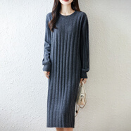 kangnai羊毛連衣裙女士秋冬圓領(lǐng)寬松顯瘦套頭燈籠袖毛衣過(guò)膝打底裙 深灰色 S