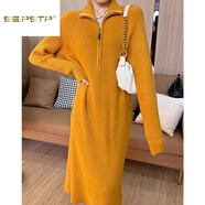 夏典素訂女王秋冬拉鏈領(lǐng)針織連衣裙長(cháng)款過(guò)膝內搭打底衫韓系立領(lǐng)中長(cháng)款毛衣裙厚 橘色 2XL
