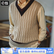 馬登工裝 復古lvy針織V領(lǐng)毛衣背心男秋季學(xué)院風(fēng)撞色立體絞花無(wú)袖馬甲 卡其 M
