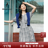 beanpole  女士?jì)?yōu)雅淑女風(fēng)格紋V領(lǐng)中長(cháng)款短袖收腰設計連衣裙 藏青色 S 160/84A