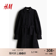 H&M女裝秋季鏤空刺繡襯衫式連衣裙1268124 黑色 M 165/96