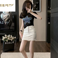 夏典素訂女王（SE.PSTP）時(shí)尚氣質(zhì)休閑牛仔半身裙短袖體恤套裝女夏季2025新款包臀裙兩件套 黑色短袖體恤+白色半身裙 S