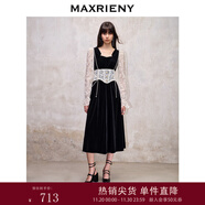 MAXRIENY法式宮廷復古風(fēng)拼接蕾絲絲絨連衣裙冬季新款收腰裙子 黑色 M 02