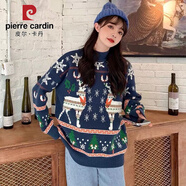 皮爾卡丹秋冬加厚圣誕節麋鹿紅色毛衣女2025新款慵懶風(fēng)寬松外穿套頭針織衫 小鹿 藍色 M 建議95-110斤