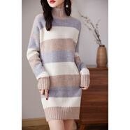 小紅書(shū)爆款秋冬新款高領(lǐng)澳洲100%純羊毛衫女中長(cháng)款套頭橫條紋毛衣 淺駝領(lǐng) S 均碼