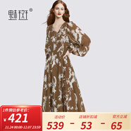 魅斑法式復古宮廷風(fēng)印花連衣裙女2025春季V領(lǐng)燈籠袖收腰A字裙 花色 M