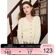 三彩2025春季新款波浪邊V領(lǐng)針織衫毛衣短開(kāi)衫鏤空單排扣F