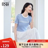 歐莎（OSA）拼接撞色圓領(lǐng)針織衫女氣質(zhì)顯瘦套頭衫2025年夏季新款T恤上衣 藍色 L