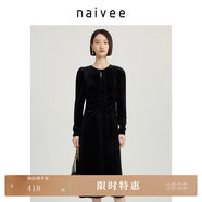 納薇（naivee）商場(chǎng)同款春夏新款飄帶領(lǐng)甜美高貴時(shí)尚收腰長(cháng)袖絲絨連衣裙 黑色 L