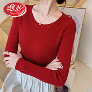 浪莎秋冬新款長(cháng)袖低圓領(lǐng)套頭毛衣修身百搭打底衫女純色針織衫線(xiàn)衣 酒紅色 3XL 135-145斤穿
