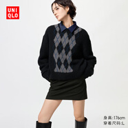 優(yōu)衣庫女裝菱格圓領(lǐng)針織衫/毛衣毛衫482645 09 黑色 L /160/88A