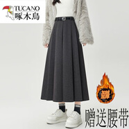 啄木鳥(niǎo)2025新款高腰厚毛呢加絨秋冬半身裙百褶中長(cháng)裙顯瘦英倫通勤半身裙 黑灰色毛呢 裙長(cháng)80   有腰帶 加絨 XL 131-145斤