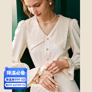 Olrain歐芮兒V領(lǐng)雪紡連衣裙女秋秋收腰顯瘦氣質(zhì)復古蕾絲拼接長(cháng)裙子 杏色 XL 170/92A