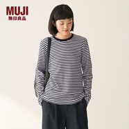 無(wú)印良品（MUJI）女式 雙羅紋編織 圓領(lǐng)長(cháng)袖T恤 上衣打底衫女裝25年冬季 黑色條紋 M (160/84A)