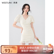 西遇V領(lǐng)泡泡袖連衣裙女2025年早夏新款法式褶皺收腰修身包臀裙子 黃色 XL