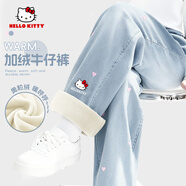 Hello Kitty童裝女童加絨褲子兒童牛仔褲秋冬大童冬裝棉褲一體絨大童保暖褲冬 蒂同行K_右下牛仔淺藍 120