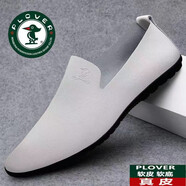 PLOVER皮鞋男真皮軟皮秋冬透氣單層休閑鞋男軟底輕便一腳蹬懶人鞋 白色-真牛皮 37