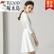 啄木鳥(niǎo)（TUCANO）新品白色連衣裙女仙氣質(zhì)2025春季V領(lǐng)七分袖蕾絲宴會(huì )a字短裙收腰小 白色旗艦款 L 170