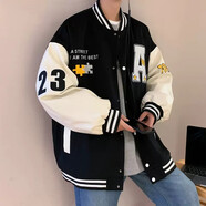 唐號 棒球服外套男美式復(fù)古潮牌拼接外套男秋季新款寬松百搭嘻哈夾克 黑色 2XL
