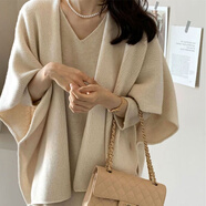 園翌韓國慵懶風(fēng)針織披肩外套女秋冬休閑旅拍溫柔氣質(zhì)毛衣開(kāi)衫斗篷 米白色 S 建議75-95斤