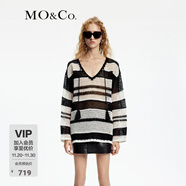 MO&Co.針織衫黑白條紋寬松鏤空V領(lǐng)流蘇長(cháng)袖毛衣罩衫慵懶風(fēng)摩安珂 白黑條色 S 160