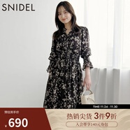 SNIDEL秋冬甜美碎花系帶收腰百褶雪紡連衣裙SWFO245033 棕色 M （1）