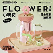 炊大皇玻璃杯女茶水分離吸管杯子耐高溫高硼硅水杯800ML（小粉花）