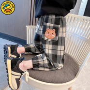 G.duck童裝女童褲子秋冬加絨兒童毛呢褲加厚保暖寶寶衛褲春秋女孩格子褲 繡花熊黑色【春秋】 140 建議130-140cm9-10歲