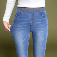 韓式冬季女性高腰大碼松緊帶牛仔褲顯瘦顯胖鉛筆小腳羊毛襯里長(cháng)褲 淺藍[單褲] 26 [建議75-85斤]