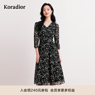 珂萊蒂爾秋季時(shí)尚優(yōu)雅黑色印花七分袖A字連衣裙中長(cháng)款女 黑色 2XL