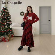 拉夏貝爾（La Chapelle）巨好看的韓系早春冬裝日一整套ootd小香風(fēng)紅色毛衣兩件套裝女 兩件套裝 L