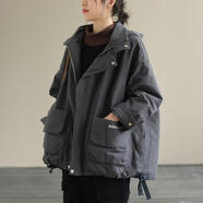 胖妹妹棉服品牌折扣店女裝剪標清倉冬裝連帽棉服寬松大碼工裝棉衣 深灰色 均碼 大碼【建議100-2b