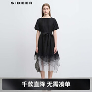 S.DEER圣迪奧夏季時(shí)尚個(gè)性百搭女裝圓領(lǐng)繡花不規則短袖連衣裙S252Z1201 黑色/91 S