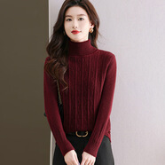 AX時(shí)尚麻花針織衫內搭上衣雙層領(lǐng)純色加厚毛衣女新款冬季打底衫 酒紅色 S 【建議 85-100斤】