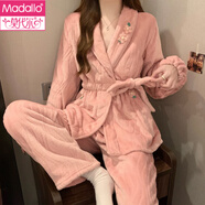 莫代爾珊瑚絨睡衣女款秋冬加厚法蘭絨甜美套裝和服系帶保暖家居服可外穿 333豆沙粉# L 【建議98-115斤左右】