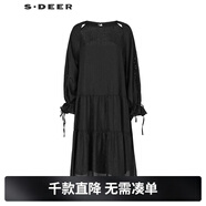 S.DEER圣迪奧女裝時(shí)尚個(gè)性圓領(lǐng)露肩蕾絲繡花長(cháng)袖連衣裙S242Z1207 黑色/91 M 165