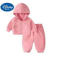迪士尼（Disney）【加絨連帽外套】嬰兒加絨衣服男女童衛衣秋冬小童時(shí)尚可愛(ài)套裝 木櫻粉連帽加絨套裝 90 (升級款)90 建議身高80-90cm