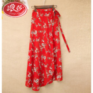 浪莎一片式印花系帶裹身裙度假風(fēng)高腰開(kāi)叉雪紡包臀裙半身不規則沙灘裙 紅底皺菊 均碼