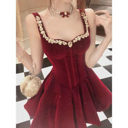 法式高貴輕奢鑲鉆絲絨吊帶連衣裙晚宴禮服短款收腰顯瘦花苞短裙子 紅色連衣裙 L