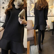 口旋秋冬女裝加絨韓版長(cháng)袖荷葉邊魚(yú)尾連衣裙黑色直筒打底大碼款蓬蓬裙 黑色加絨 3XL