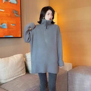 大碼女裝胖mm秋冬慵懶風(fēng)顯瘦高領(lǐng)半拉鏈中長(cháng)款針織衫遮肉毛衣上衣 灰色 M建議85-100斤 均碼