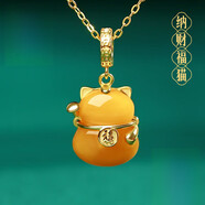 金大福S925銀納財福貓項鏈鍍金蜜蠟個(gè)性吊墜萬(wàn)能扣氣質(zhì)銀掛墜禮物送女友 免費代寫(xiě)賀卡/定制刻字拍此留言