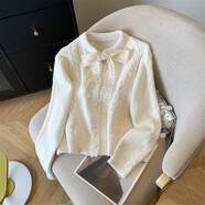 秋冬新款法式甜美毛衣蕾絲花邊蝴蝶結開(kāi)衫麻花長(cháng)袖針織衫慵懶上衣 米白 S