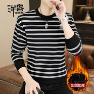 洋客高端條紋男士長(cháng)袖t恤圓領(lǐng)修身休閑秋季新款帥氣百搭潮流打底衫 黑色 加絨款 M  適合90-120斤