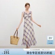 范思藍恩法式復古格紋荷葉邊連衣裙2025夏新款U型領(lǐng)顯瘦裙子2318 紫米格 M